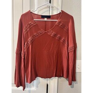 Blue Rain Burnt Orange Quarter Sleeve Lace V-Neck Womens Blouse Size X-Small